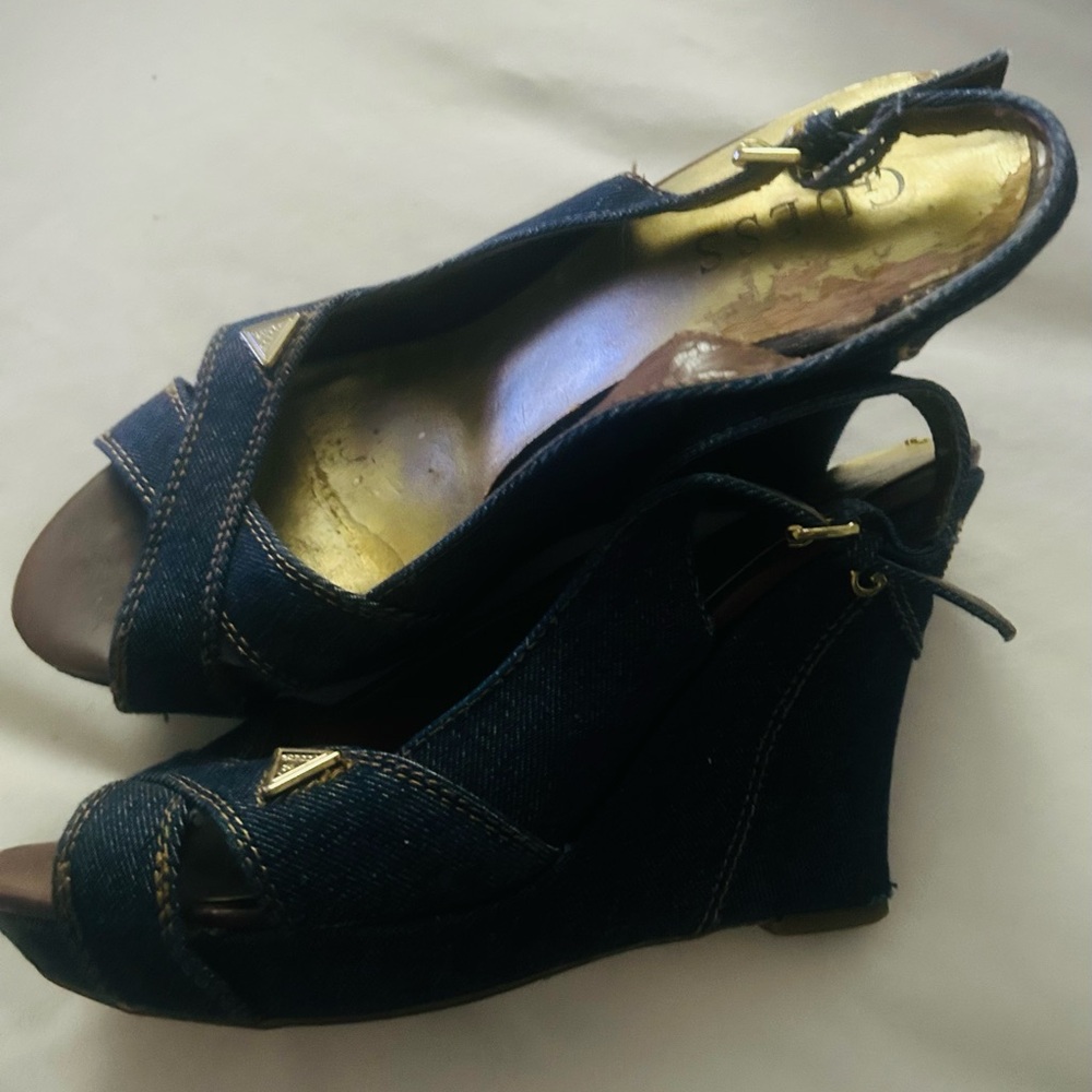 Guess Women's Dark Denim Wedges with Gold Accents